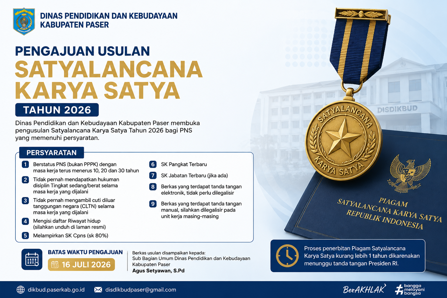 Disdikbud Paser Buka Pengusulan Satyalancana Karya Satya Tahun 2026